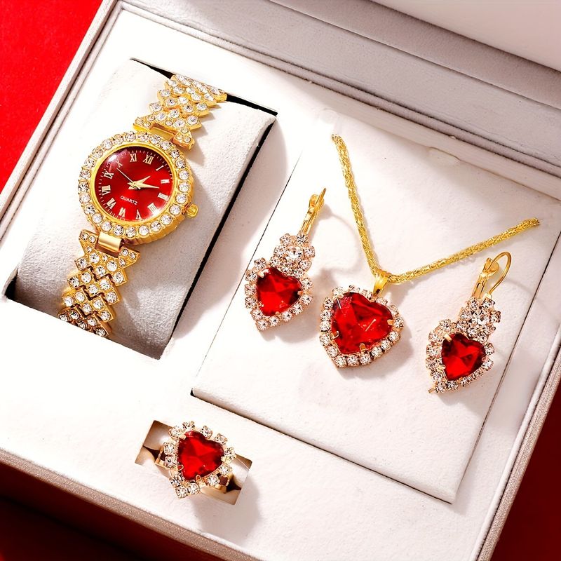 Mode und Schmuck mit vier Teilen: Diamantbesetztes Quarzuhr-Set mit römischen Ziffern, heißes Verkaufsset_voghion.com