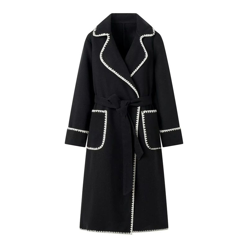 Damenbekleidung Herbst und Winter beliebter warmer langärmeliger Revers-Damen-Wollmantel mit Schnürung_voghion.com