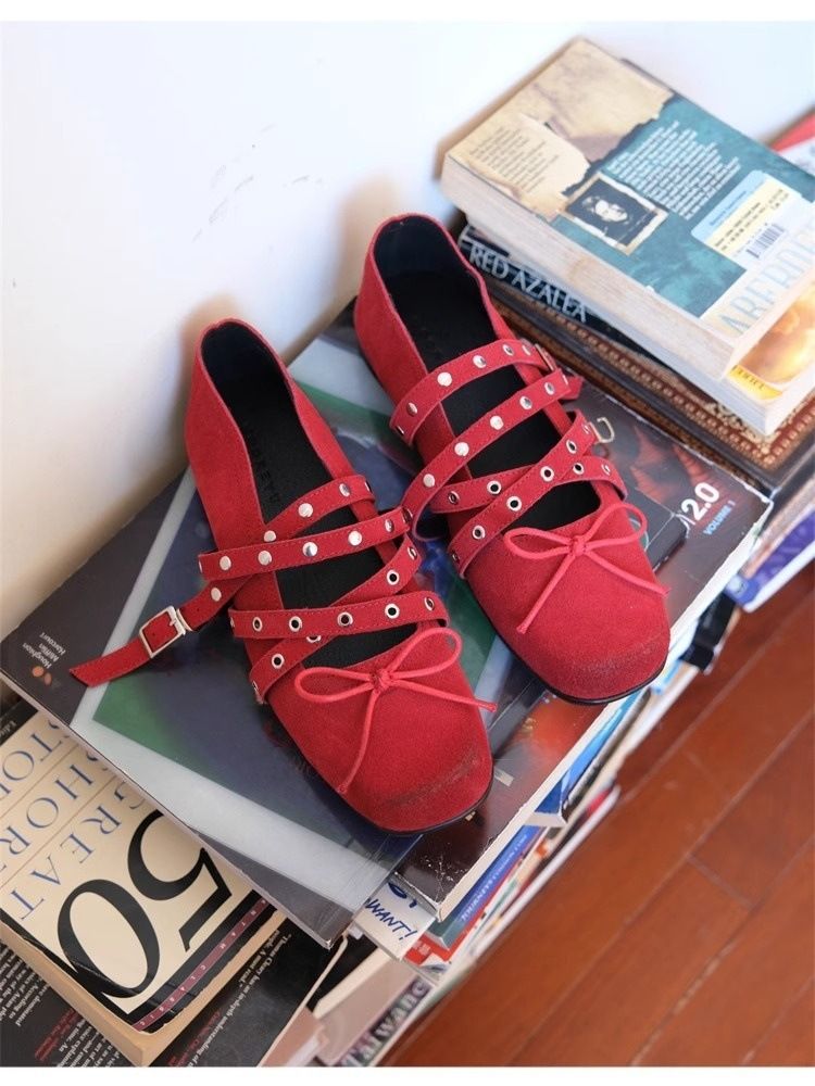 Schaffell Version ~ Rot Bowknot Kleine Einzelne Schuhe Für Frauen 2025 Herbst Echtem Leder Flach Mund Studded Ballett_voghion.com
