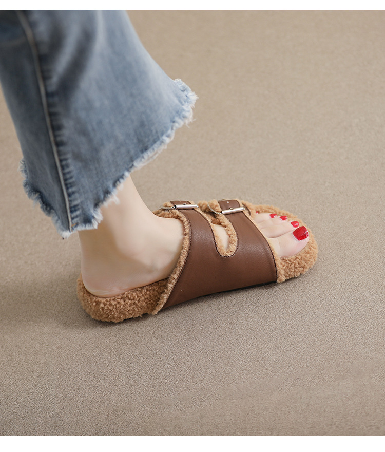Fell-Hausschuhe für Mädchen, Oberbekleidung für Damen, Herbst und Winter, mit einem Wortgürtel und Fleece-Baumwollschuhen, um warm zu bleiben, Netz, Rot, große Damenschuhe_voghion.com