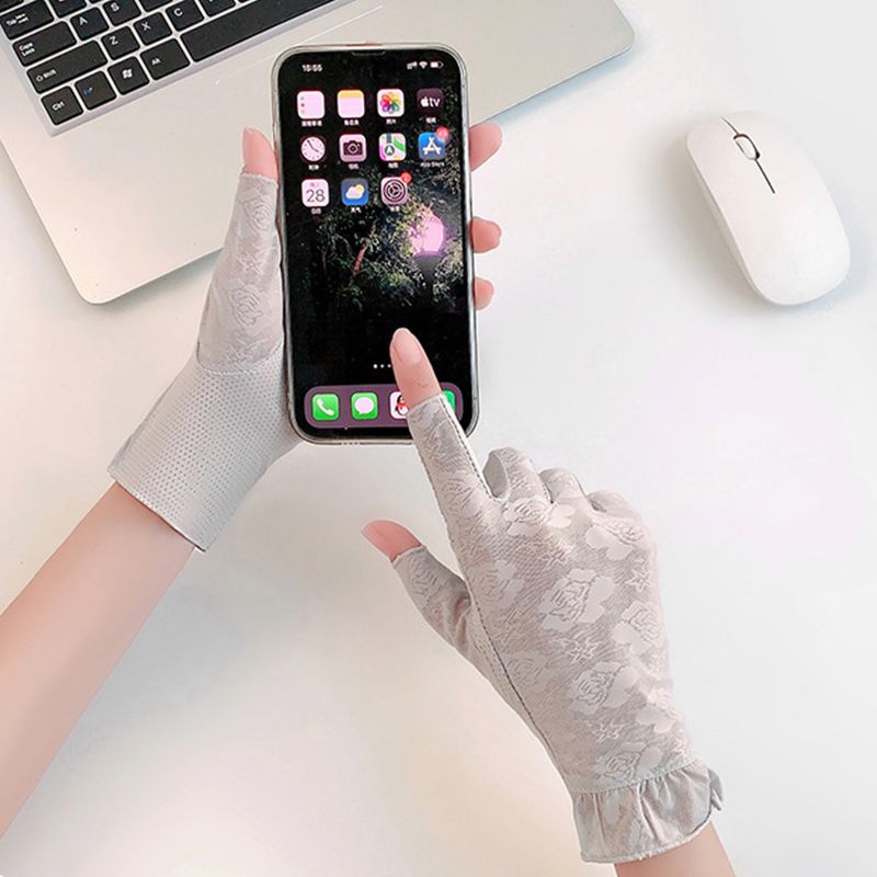 Damen Sommer Sonnencreme Spitze Blumen Fahren Radfahren Atmungsaktive Halbfingerhandschuhe Dünne Mesh Ice Silk Touchscreen_voghion.com