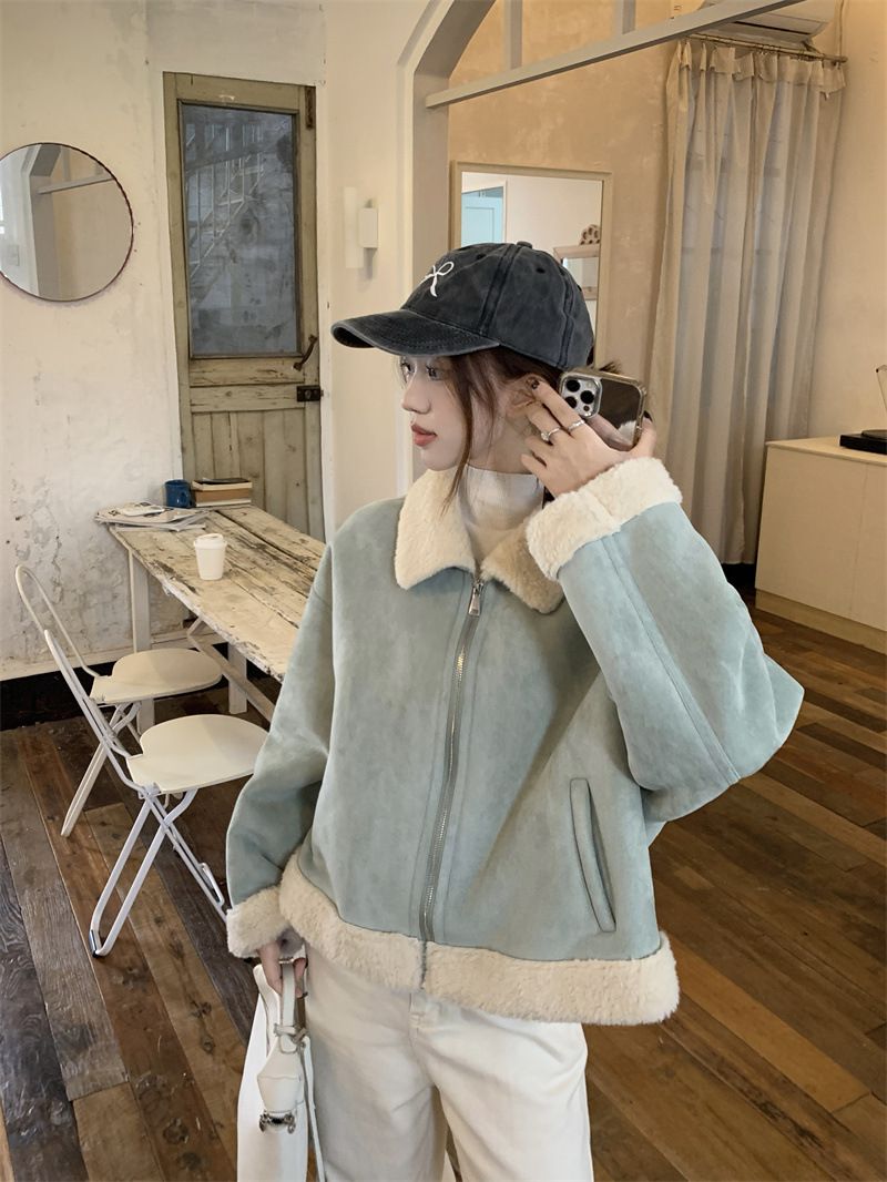 2025 Winter Koreanischen Stil High-End Hellblau Revers Kurzen Lamm Wolle Mantel Für Frauen, Schaffell Integrierte Jacke Top_voghion.com