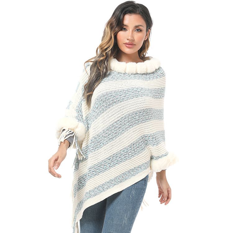 Women's Shawls Imitation Rex Rabbit Fur Collar Knitted Pullover Cape Women's Chenille Warm Striped Shawl Sweater_voghion.com