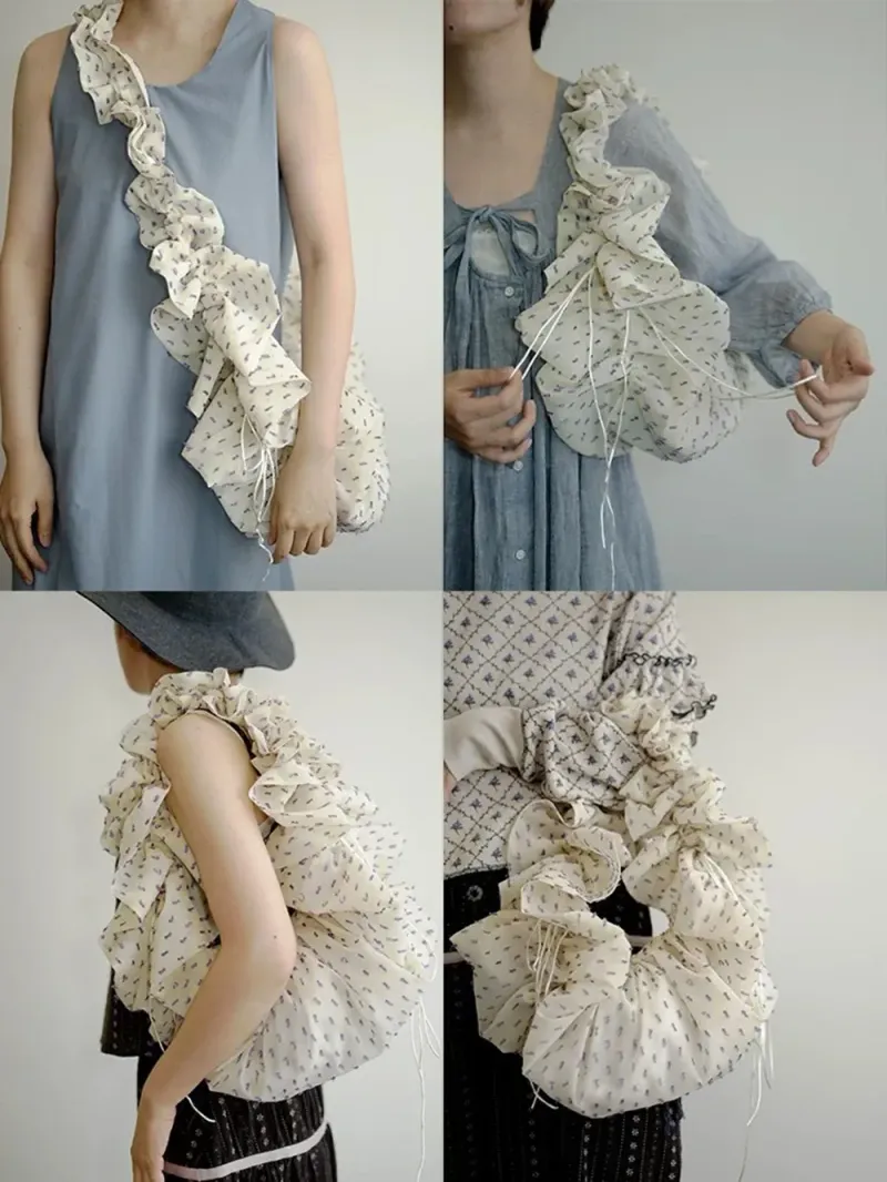 Shoulder Bags White Printed Adjustable Drawstring Women's Pleated Lace Strap Soft Lightweight Summer Commute Crossbody_voghion.com