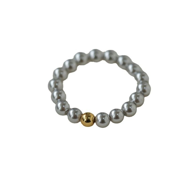 Anello impilabile con perle artificiali in oro bianco e grigio per donna, con piccole perle di riso dorato_voghion.com