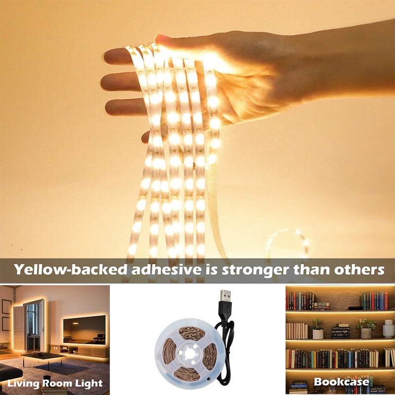5 V USB-LED-Lichtstreifen 3528 SMD – Warmweiß und Kaltweiß, einfarbig, selbstklebend für Schrank-, Kleiderschrank- und TV-Hintergrundbeleuchtung_voghion.com