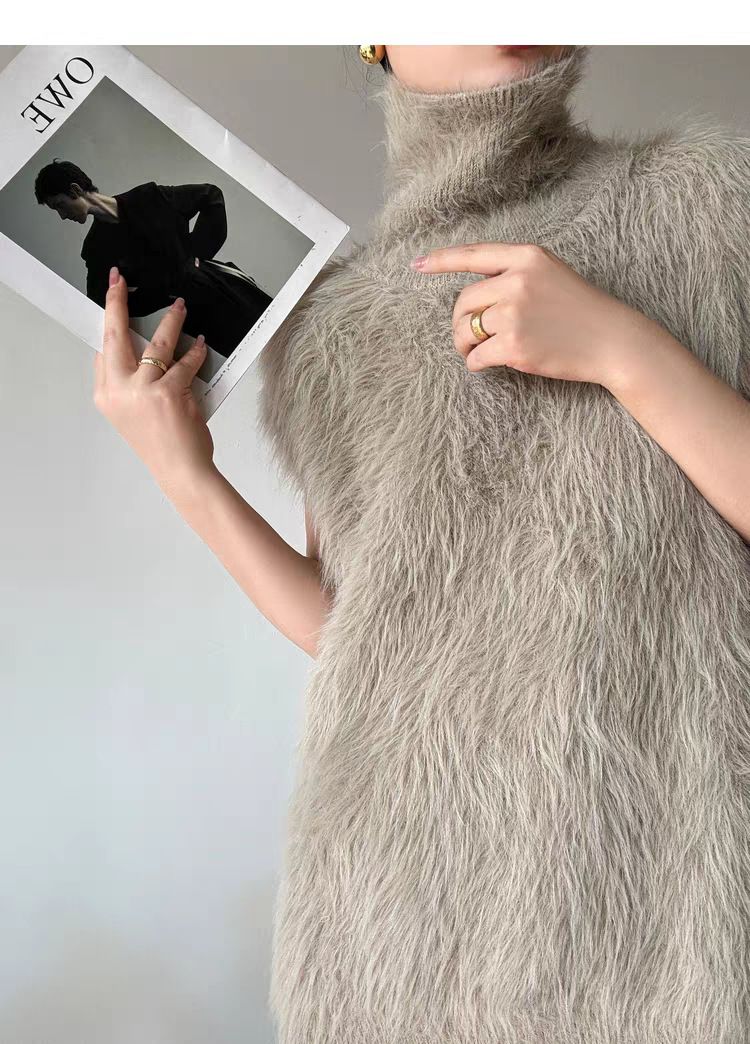 Cardigan lungo senza maniche da donna in finto visone con collo alto e maglia a strati - Top tunica casual oversize per autunno inverno_voghion.com