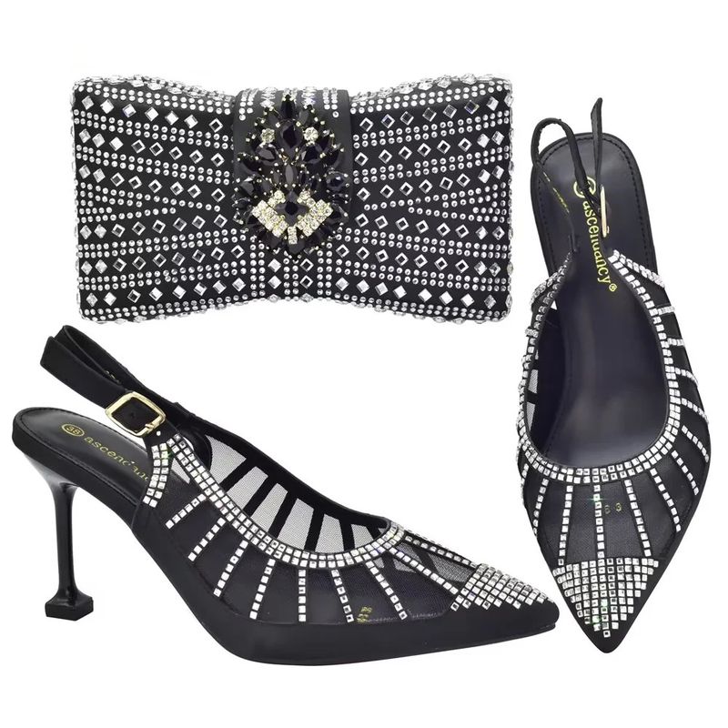 Sandali con tacco a spillo incastonati di diamanti con set di borse da cena Borsa da sera con strass dal design elegante_voghion.com