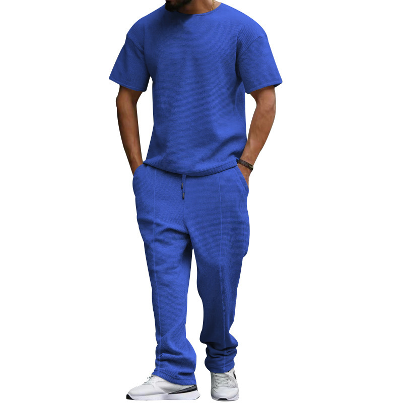 men's short-sleeved trousers suit heavyweight waffle oversize large size round neck casual suit_voghion.com