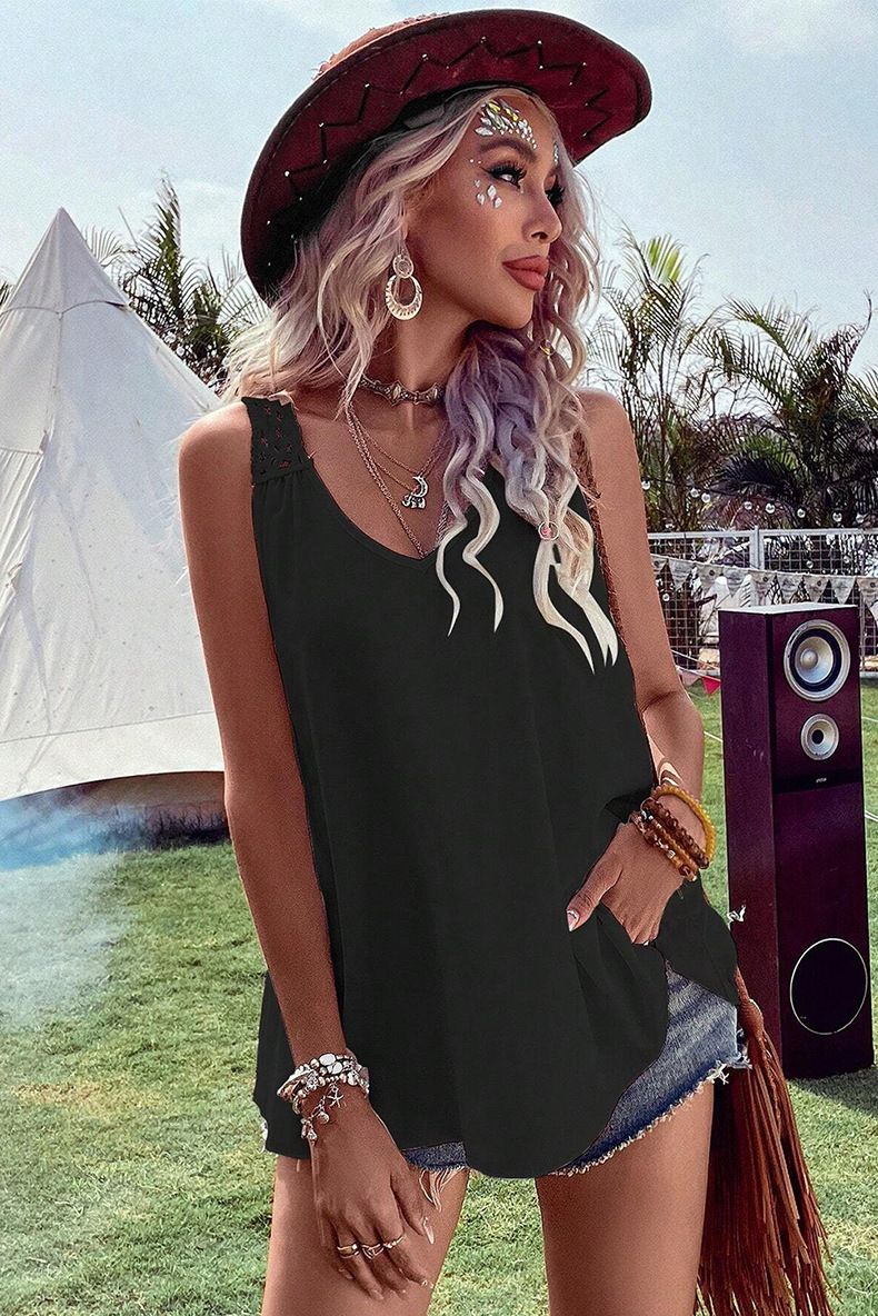 Camiseta sin mangas holgada con escote en V y encaje en la espalda para mujer, novedad de verano 2025_voghion.com