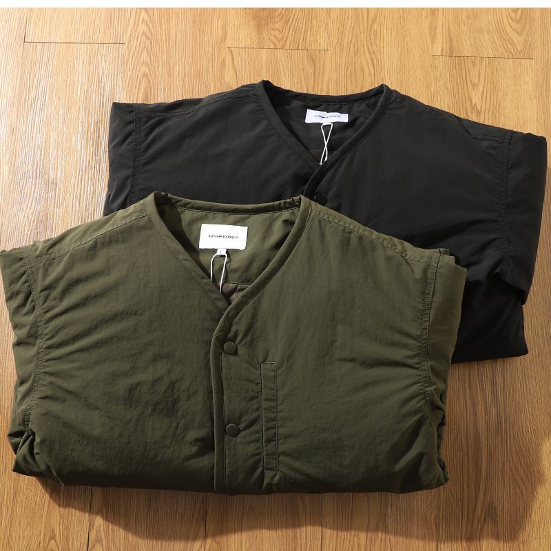 Retro Collarless Cotton Jacket Cotton Coat Men's Workwear V-neck Snap Button Cotton Coat Men's Jacket_voghion.com