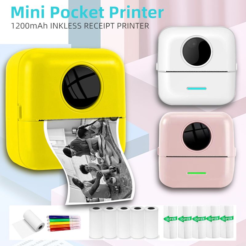Mini kieszonkowa drukarka Bezprzewodowa drukarka termiczna BT, Mini drukarka fotograficzna z 11 rolkami na prezent Notatki do nauki Praca Zdjęcie Zdjęcie Memo_voghion.com