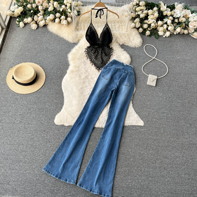 top a tubo con scollo all'americana cavo a rete irregolare + abito a due pezzi in jeans svasato a vita alta con bordo grezzo_voghion.com