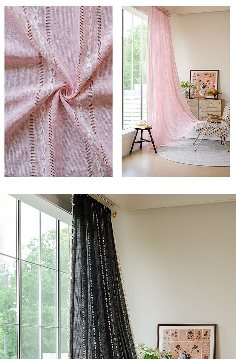 Gordijnen van linnenmix, semi-transparante gestreepte raamgordijnen - 100% natuurlijk katoen en polyester, Boho Chic kamerverdeler voor keuken/slaapkamer/balkon_voghion.com