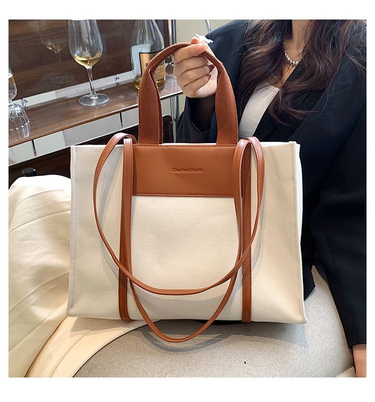 Borse tote da donna, semplici borse tote da donna con colori di tela a contrasto e tracolla singola di grande capacità._voghion.com