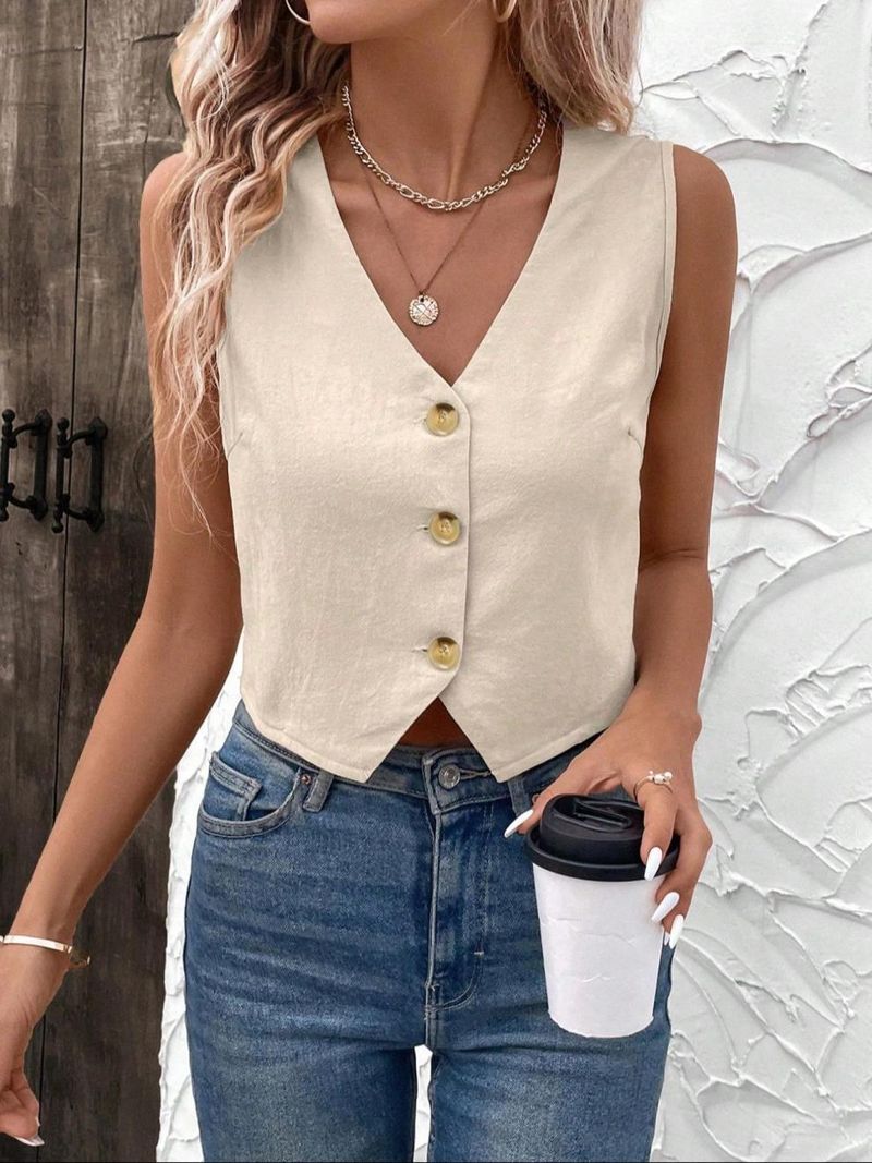 Nieuwe Europese en Amerikaanse 2025 zomer losse mouwloze effen kleur casual vest knoop jas_voghion.com
