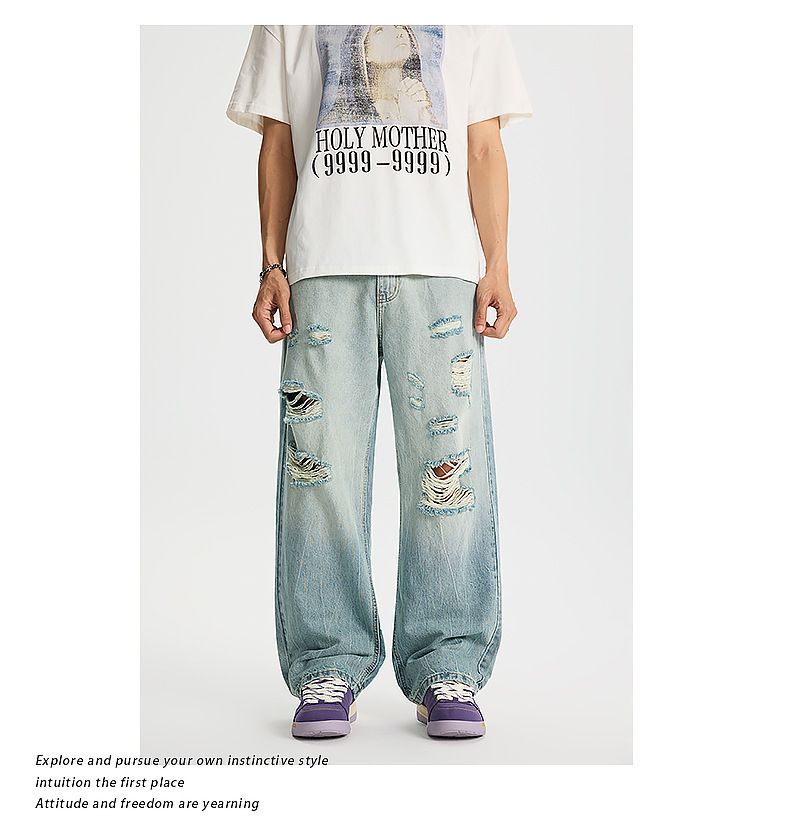 Men's Clothing Men's Tencel Distressed Jeans - Summer Lightweight Loose Straight Leg Pants, Washed Blue, Comfortable & Stylish (S-4XL)_voghion.com