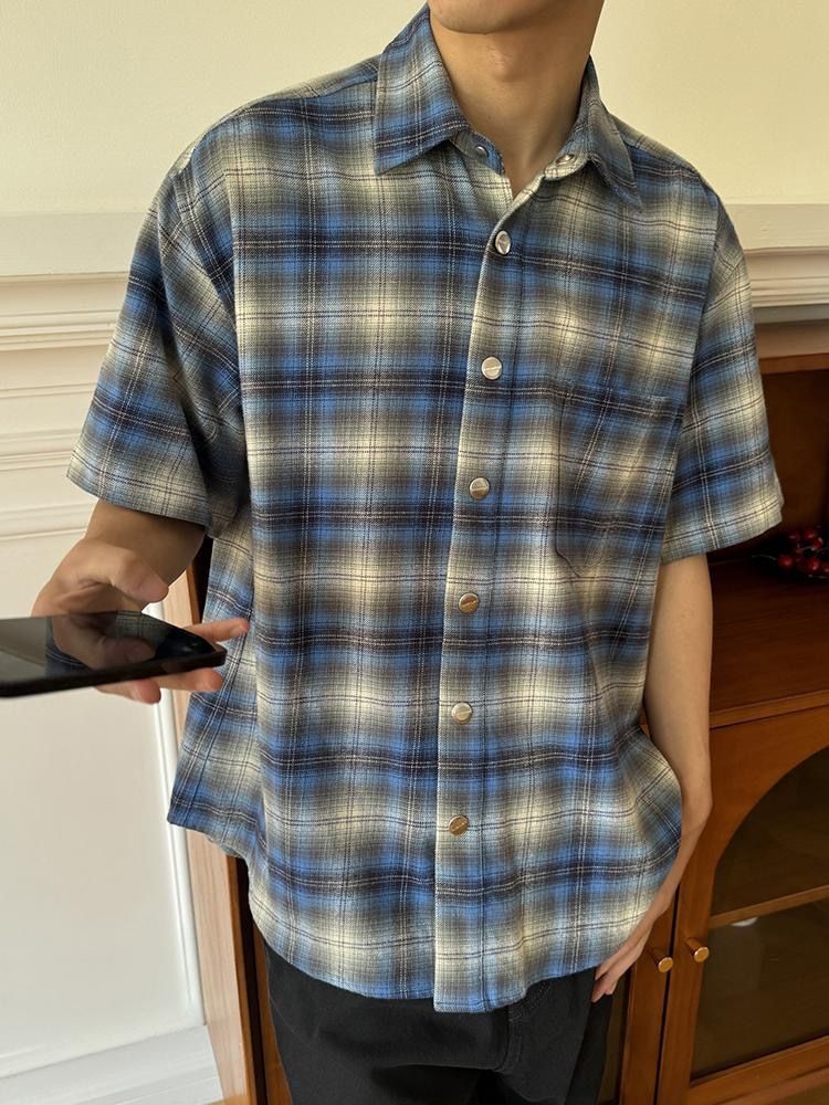 Flanell Blau Kariertes Kurzarmhemd Herren Sommer Kariertes Hemd Jacke_voghion.com