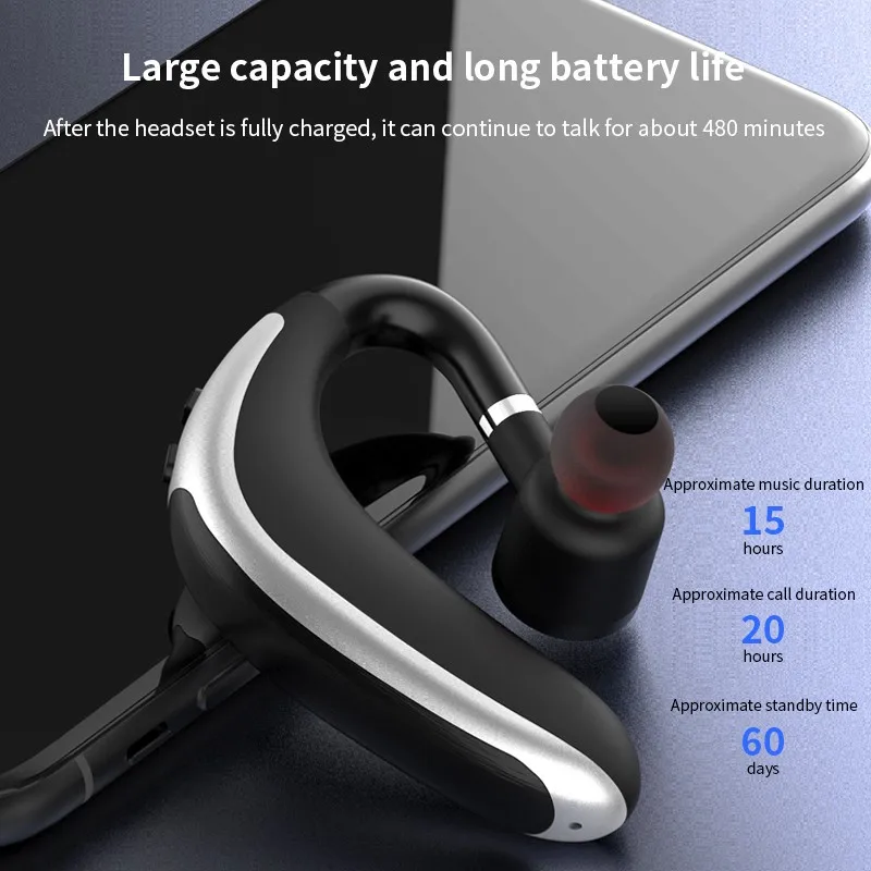 Căști Bluetooth 5.0 cu o singură ureche, cu microfon, pentru mașină, pentru afaceri, căști wireless, cu cârlig pentru ureche, intraauriculare, reducerea zgomotului, apeluri clare_voghion.com