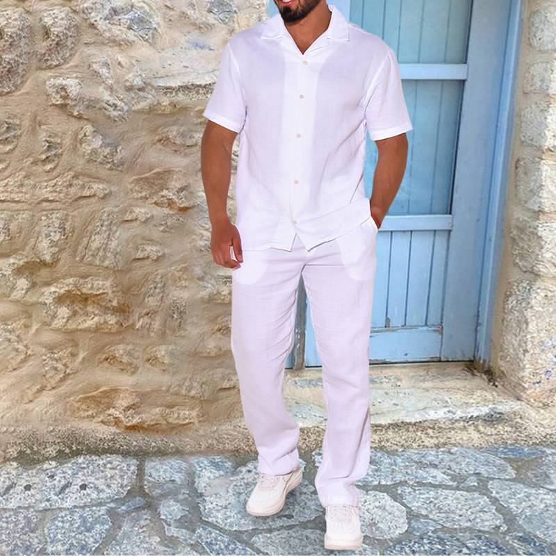 Moda estiva da uomo con risvolto monopetto, camicie a maniche corte + pantaloni lunghi, 2 pezzi, set casual larghi M-3XL_voghion.com