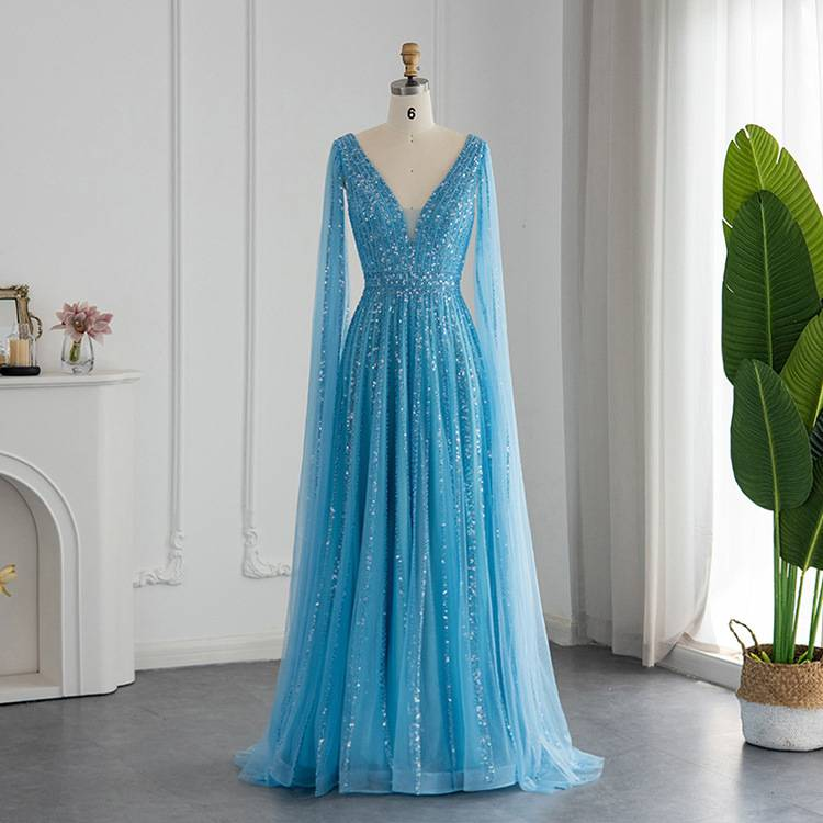 Women's Clothing Luxury Floor-Length Evening Gown With Flowing Sleeves – Slimming V-Neck, Waist-Cinching Design (Champagne/Pink/Blue/Green)_voghion.com