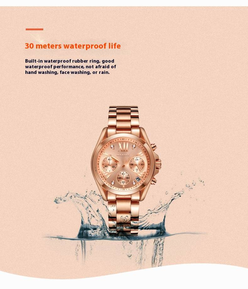 Elegante orologio cronografo in acciaio inossidabile color oro rosa per donna con datario e resistenza all'acqua fino a 30 m. Un regalo elegante e alla moda._voghion.com