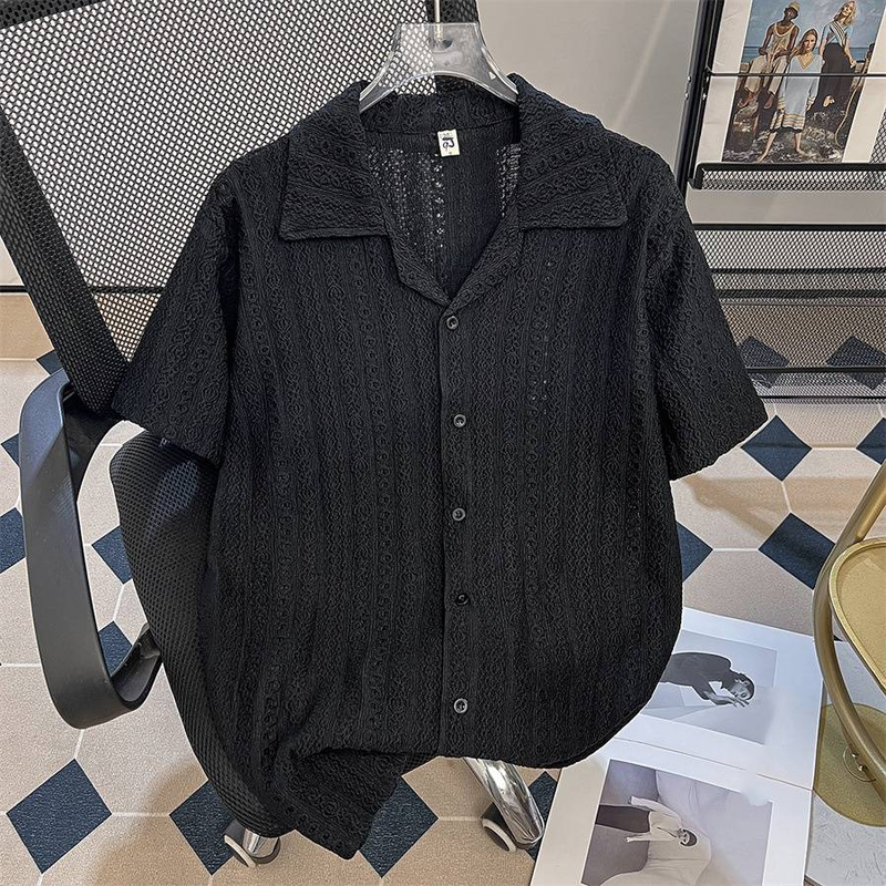 Camicia a maniche corte in misto lino con colletto da uomo e da donna, traspirante, con motivo traforato, antipiega e vestibilità ampia (nero/bianco/marrone, taglie dalla M alla 3XL)_voghion.com