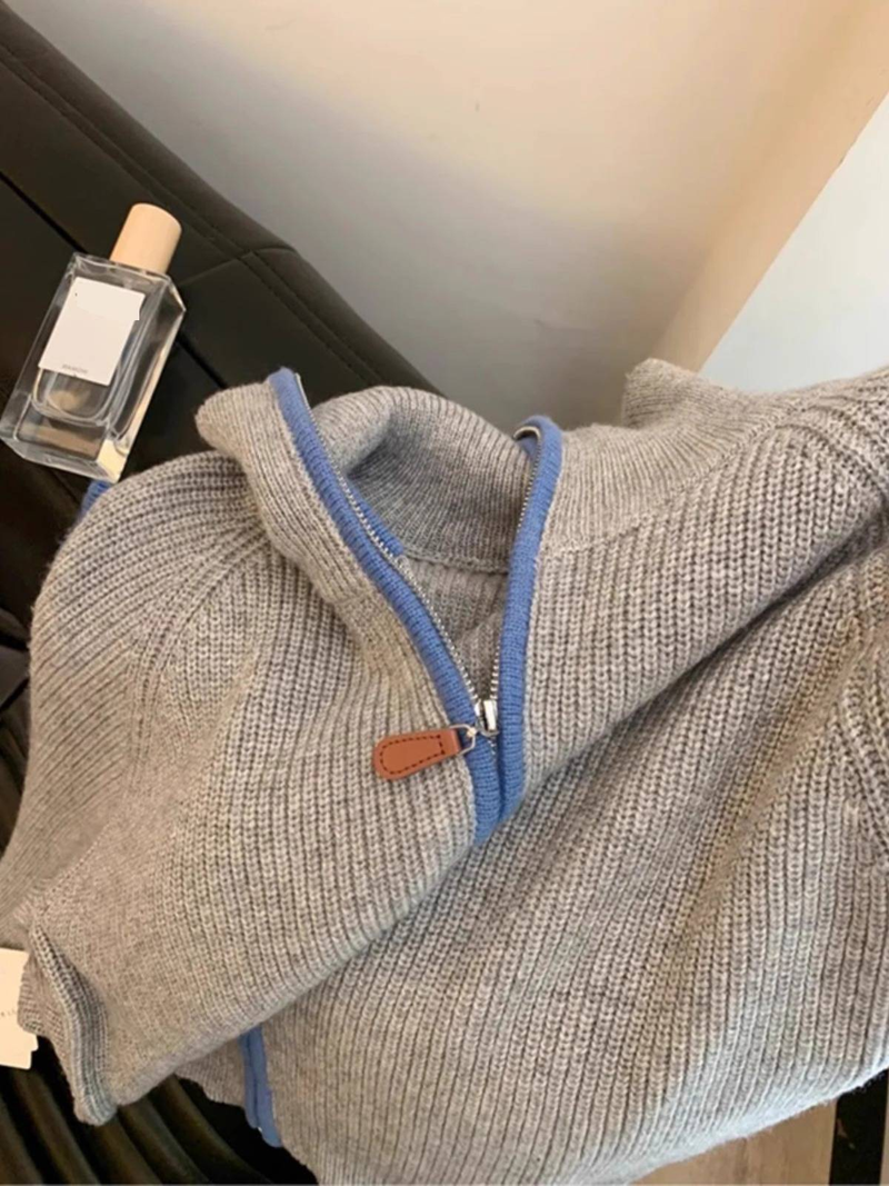 Pulloverjacke für Damen im Lazy-Style mit Stehkragen und Reißverschluss – Pullover mit übergroßem Kragen für Freizeit- und Bürokleidung_voghion.com