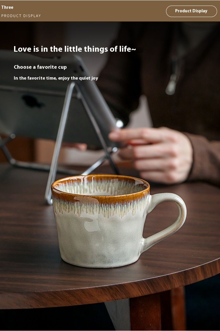 Elegante taza de cerámica marrón con diseño en V de ondas de agua: 350 ml, estilo retro, para café y té, ideal para el hogar y la oficina._voghion.com