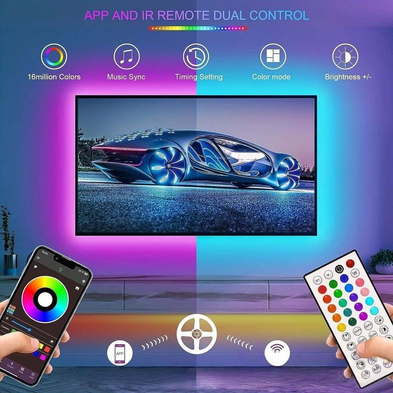 Bande lumineuse LED RVB 24 V avec synchronisation musicale, contrôle Bluetooth et application, télécommande infrarouge 44 touches, puce 3535, 16 LED/mètre, IRC 90, durée de vie 50 000 heures_voghion.com