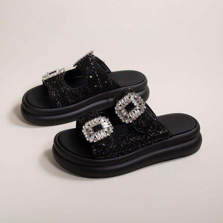 Petites chaussures de plage décontractées à semelle épaisse et parfumées pour femmes, nouvelle collection été 2024, avec boucle carrée et diamant d'eau_voghion.com