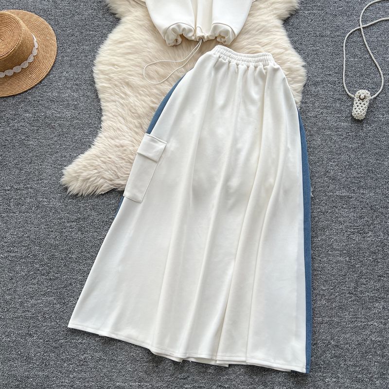 Roupas femininas Salty Light Mature Terno de duas peças para mulheres Verão Cordão na cintura Duas peças Top de manga curta Cintura alta Denim Patchwork Saia_voghion.com