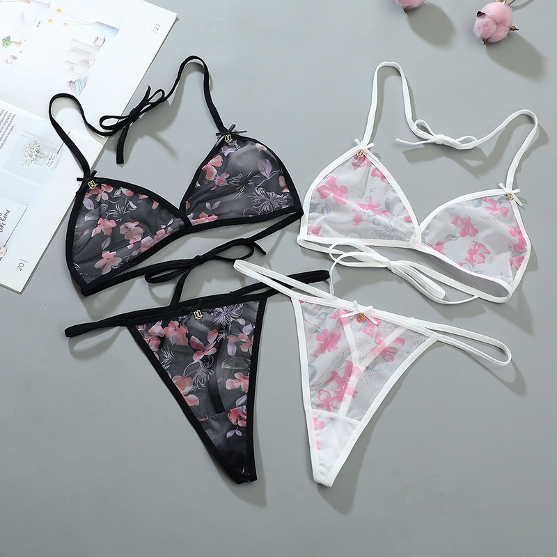 Dámské sexy spodní prádlo Set Flower Bra Thong 2 kusy měkké síťované průsvitné ramínko transparentní spodní prádlo body bikiny_voghion.com