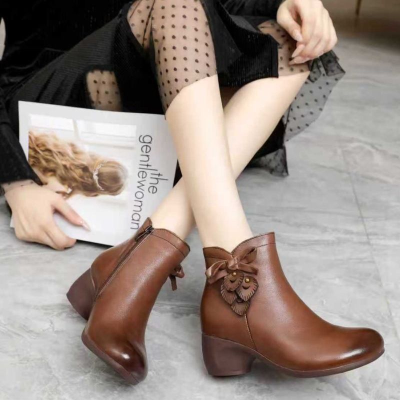 Echtes Leder Mid-Heel Round Toe Casual Top Layer Rindsleder Ethnische Kurze Stiefel Damen Herbst Neuer Stil_voghion.com