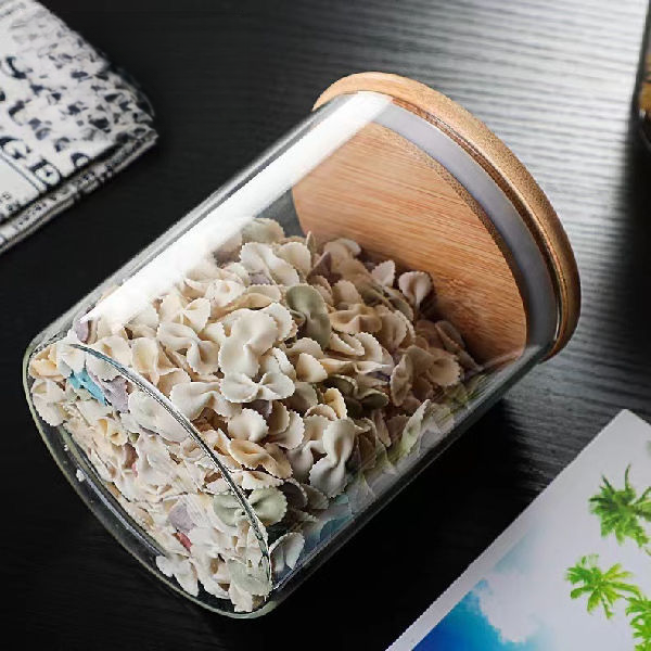 Bocal de cuisine en verre borosilicate de qualité alimentaire avec couvercle en bambou et couvercle en forme d'étoile scellé_voghion.com