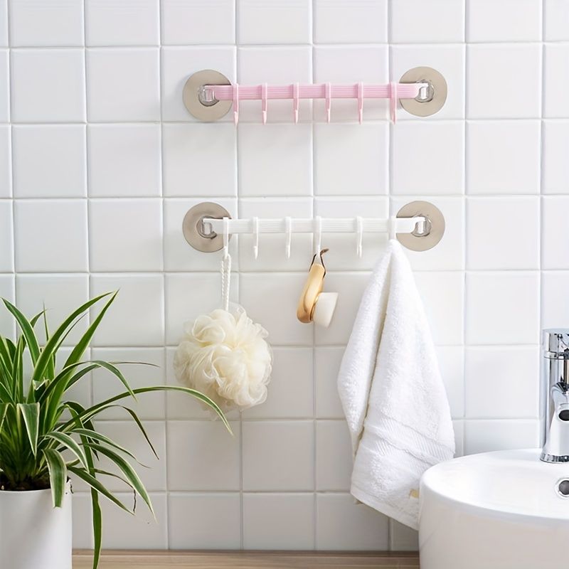 1PC Art Deco 6-Hook No-Drill Adhesive Towel Rack - Plastic Shower Caddy For Bathroom Organization - Perfect Housewarming Gift_voghion.com