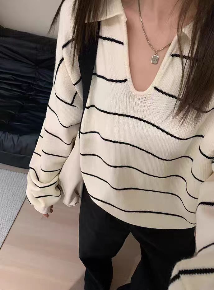 Maglione di lana pigro, ampio e snellente, da donna, lavorato a maglia con maniche a lanterna, a righe e color block, con scollo a V_voghion.com