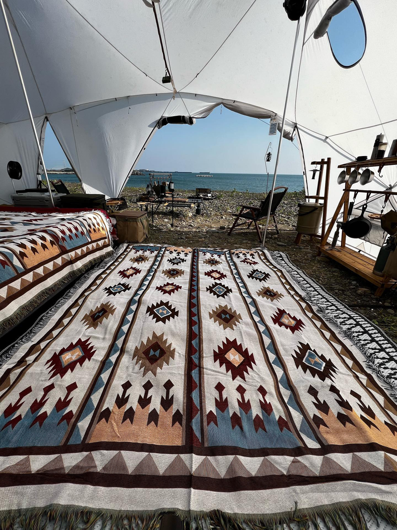 Japanese camping blanket, sofa towel, camping picnic blanket, ethnic style picnic rug_voghion.com