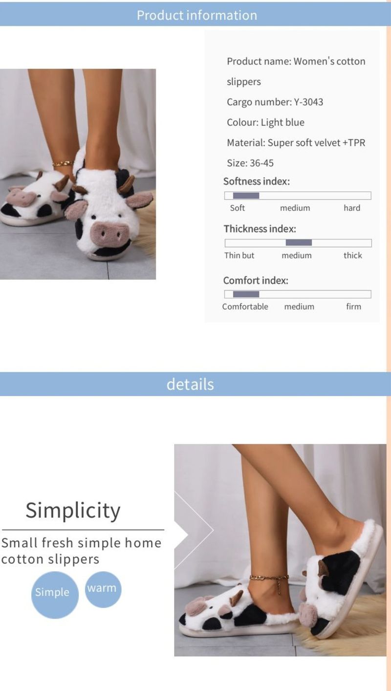 Nuove pantofole invernali da interno soffici, simpatiche mucche da cartone animato Baotou, spesse e calde, in peluche di cotone_voghion.com