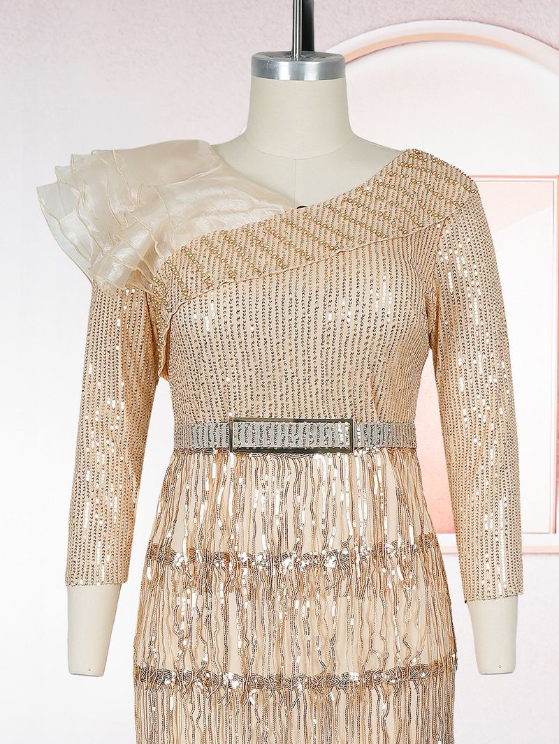 Plus Size Glitter Fringe Party Dress For Women - Elegant V-Neck Sequin Evening Gown With Layered Tulle Skirt (Wine Red, Royal Blue, Rose Purple)_voghion.com