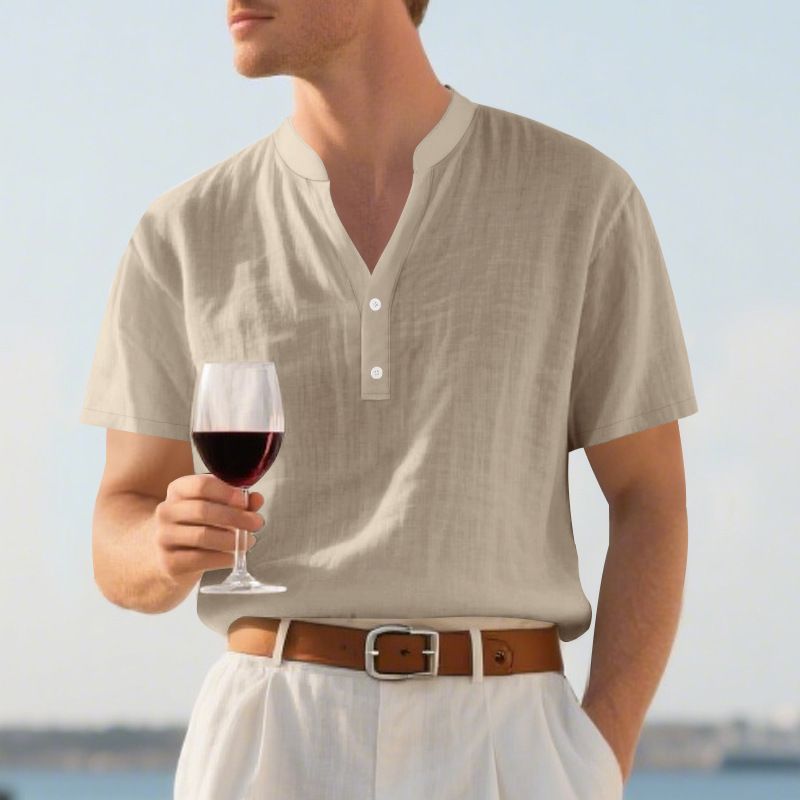 Camicia casual estiva da uomo, ampia, con colletto alto, abbottonata, in lino, a maniche corte, tinta unita, taglie forti_voghion.com
