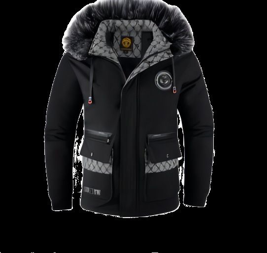 Abrigo de algodón para hombre, chaqueta de invierno con capucha y forro polar, con cuello de piel desmontable. Abrigo elegante y cálido para la moda urbana (negro/blanco)._voghion.com