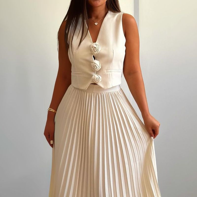 Damenbekleidung, neue Anzüge für Damen, Sommer, ärmellose Weste, halblanger, plissierter langer Rock, zweiteiliger Anzug_voghion.com