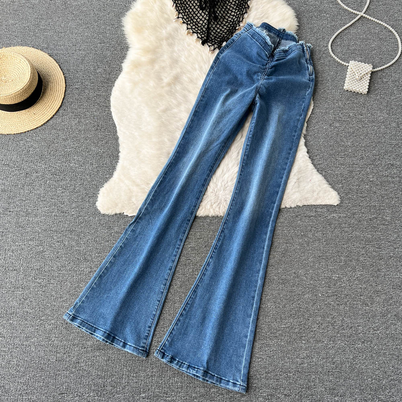 top a tubo con scollo all'americana cavo a rete irregolare + abito a due pezzi in jeans svasato a vita alta con bordo grezzo_voghion.com