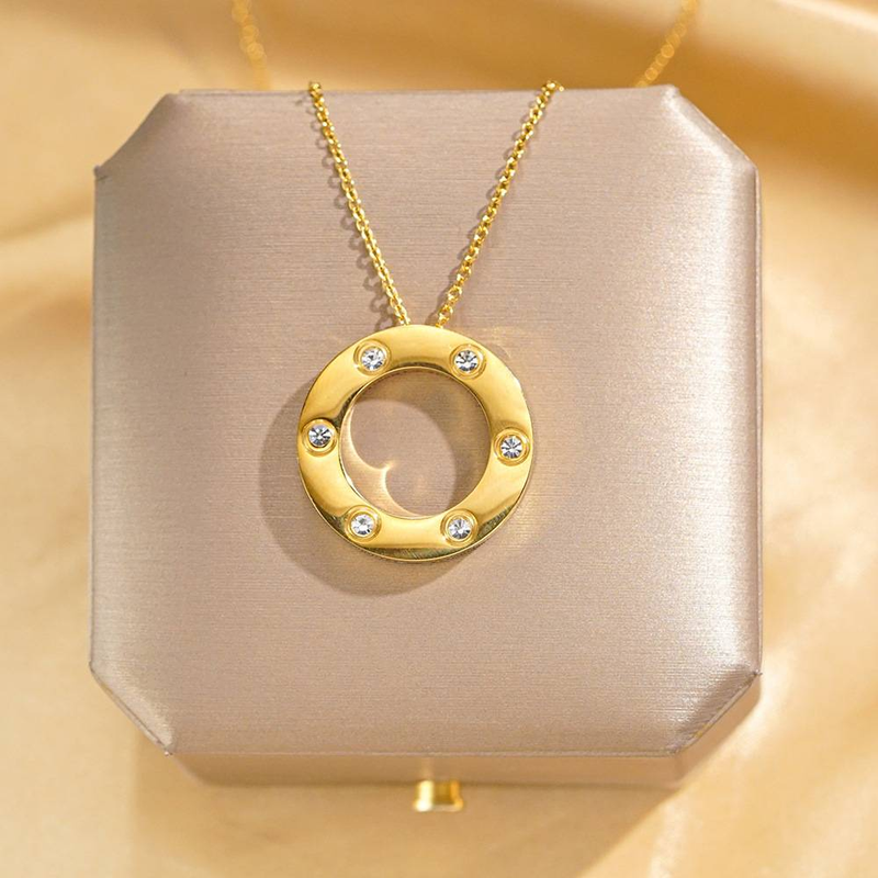 Luxury Round Zircon Pendants Necklace for Women Stainless Steel Rhinestone Circle Clavicle Chain Choker Jewelry Gift _voghion.com