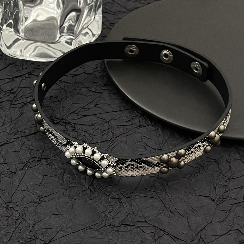Designer Cool Europese en Amerikaanse mode Slangenhuidpatroon Luxe leren gierstkralenkraag Vrouwelijke minderheid Licht Luxe Spice Girl nekband_voghion.com