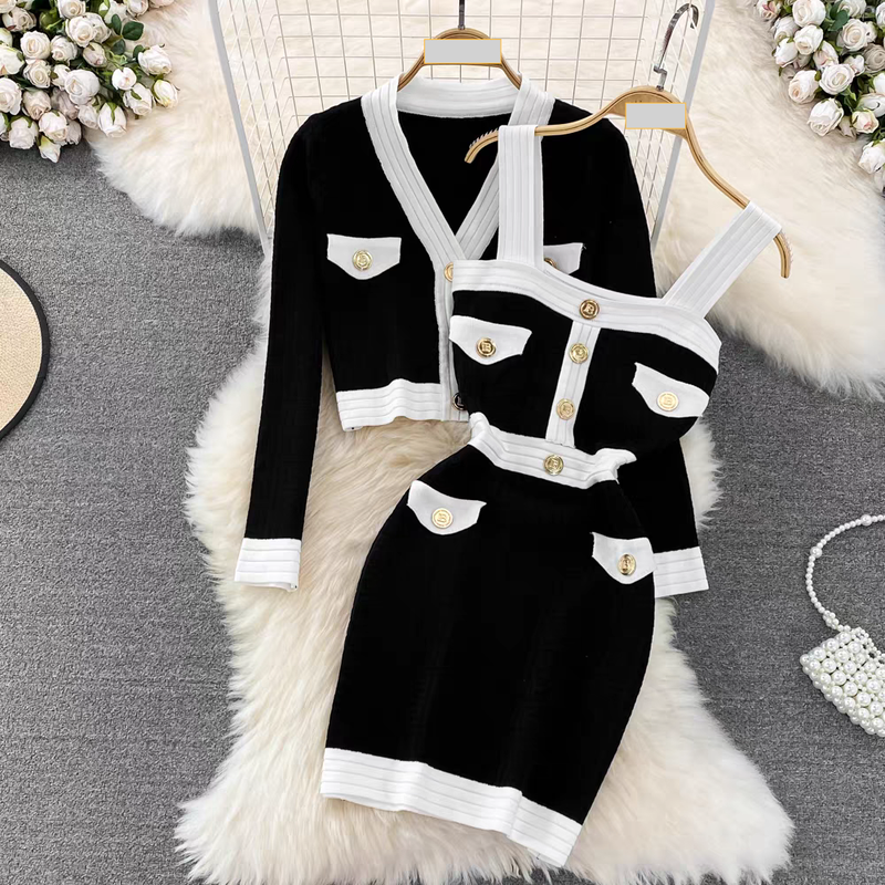 Damenbekleidung Modeanzug weibliches Promi-Temperament V-Ausschnitt Kontrastfarbe kurze Strickjacke zweiteiliges Hosenträger-Hüftkleid Herbst_voghion.com