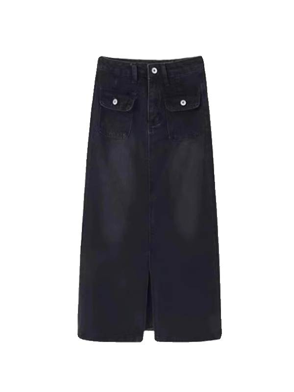 Vintage split denim rok dames nieuwe hoge taille grote maten skinny A-lijn wikkel billen lange rok zwarte rok_voghion.com
