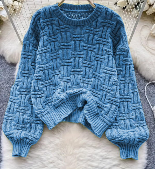 Women's Clothing Autumn And Winter Knitted Sweater Fashion Woven Rib Design Pullover Long Sleeved Round Neck Top_voghion.com