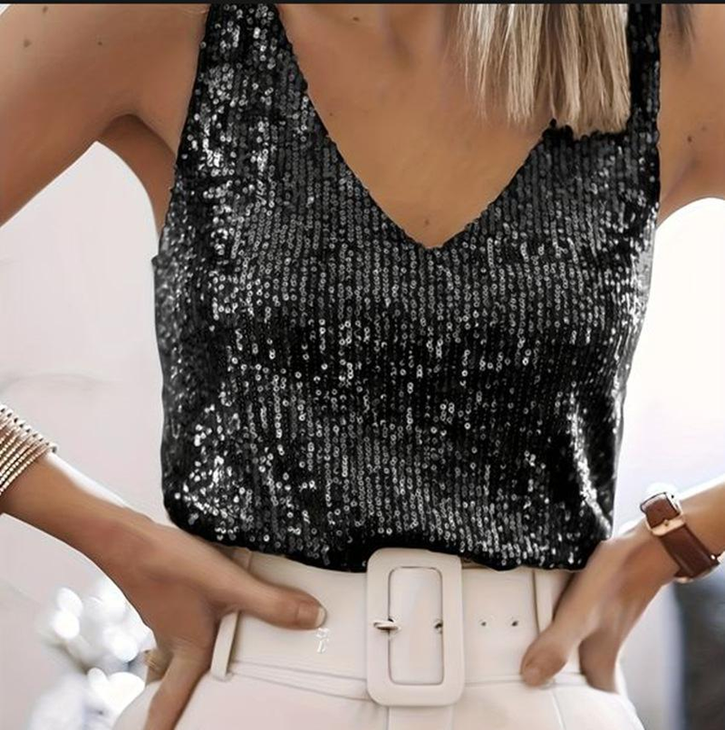 Women's Clothing Sparkling V-Neck Vest Top - Elegant Sequin Summer Casual Blouse With Stretchy Comfort In Multiple Colors & Sizes (Black, Champagne )_voghion.com
